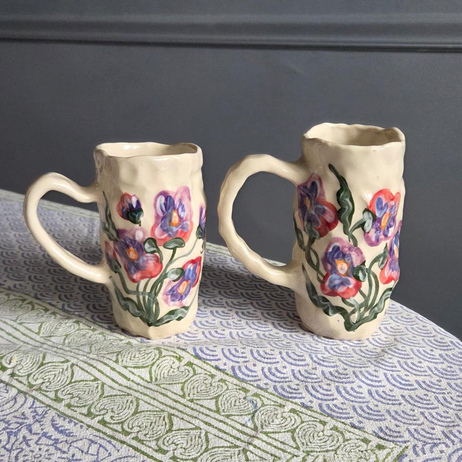 Coil-built Mugs - Set of 2- Pansy Season
