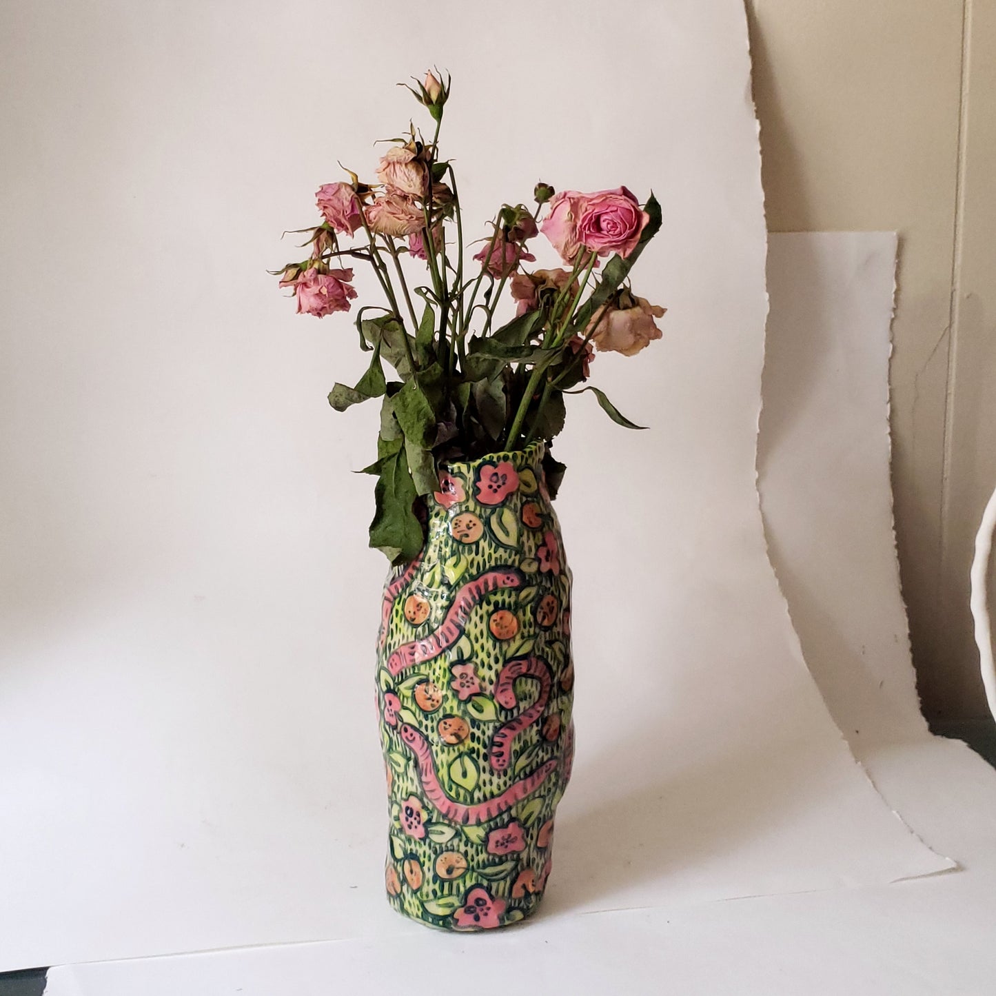 Vase - Oranges and Wormans Frolicking in the Roses