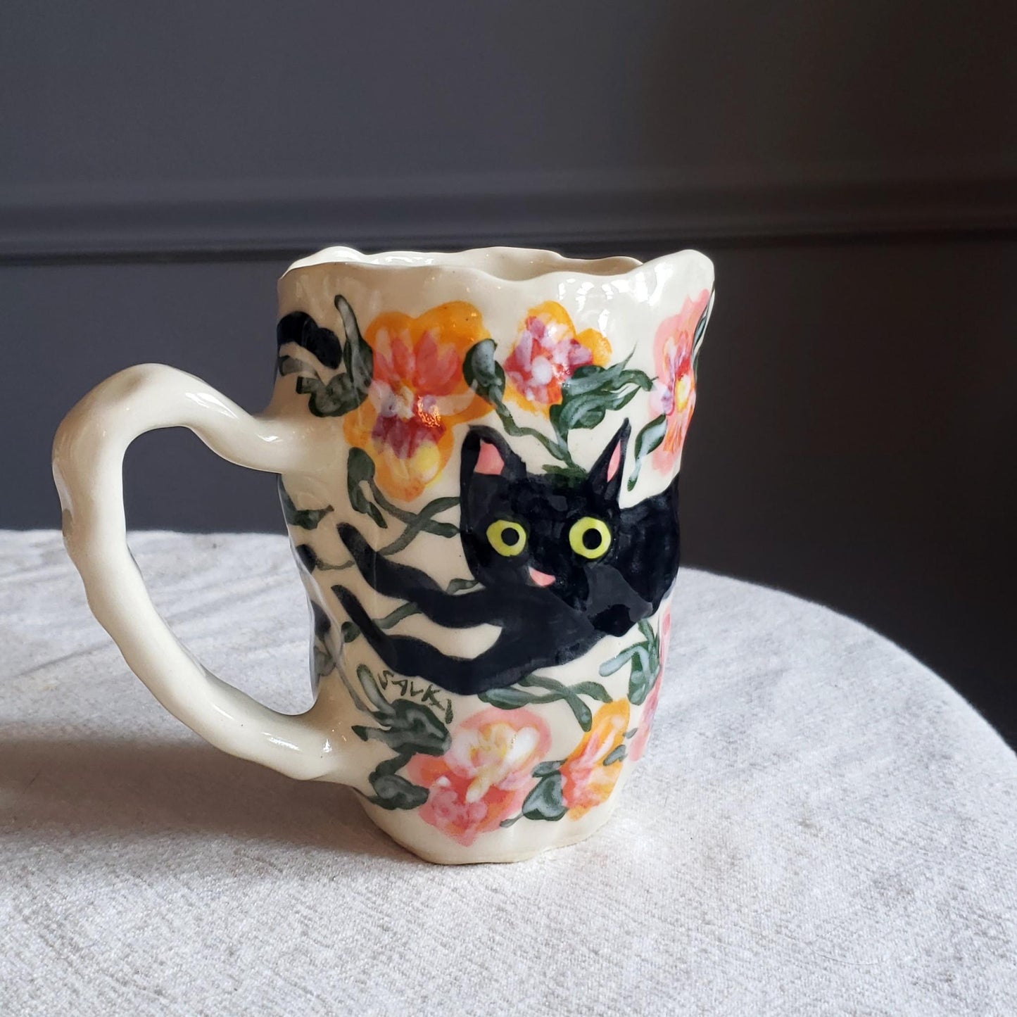 Coil-built Mug - Frolicking Cat through Pansies