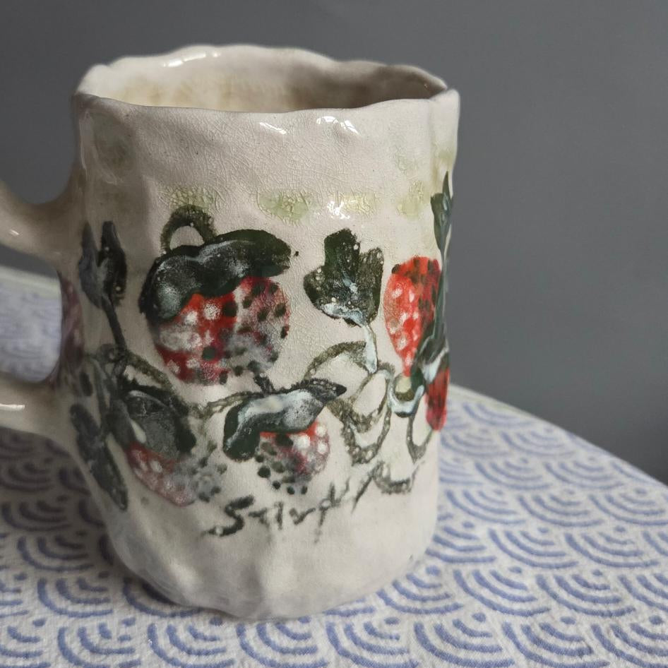 Coil-built Soda-Fired Mug - Strawberry Season iii