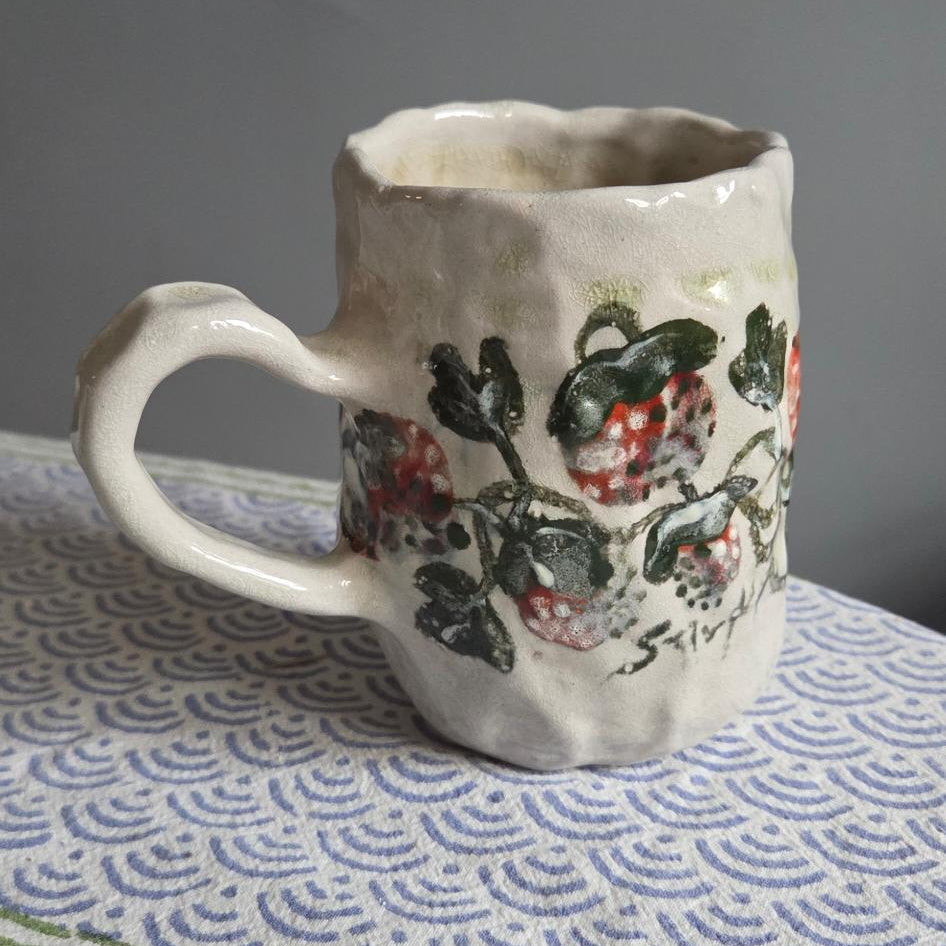 Coil-built Soda-Fired Mug - Strawberry Season iii