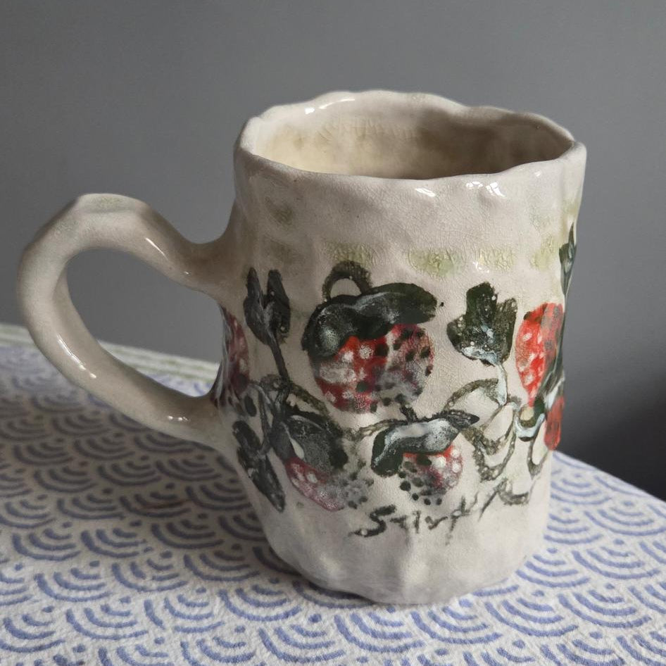 Coil-built Soda-Fired Mug - Strawberry Season iii