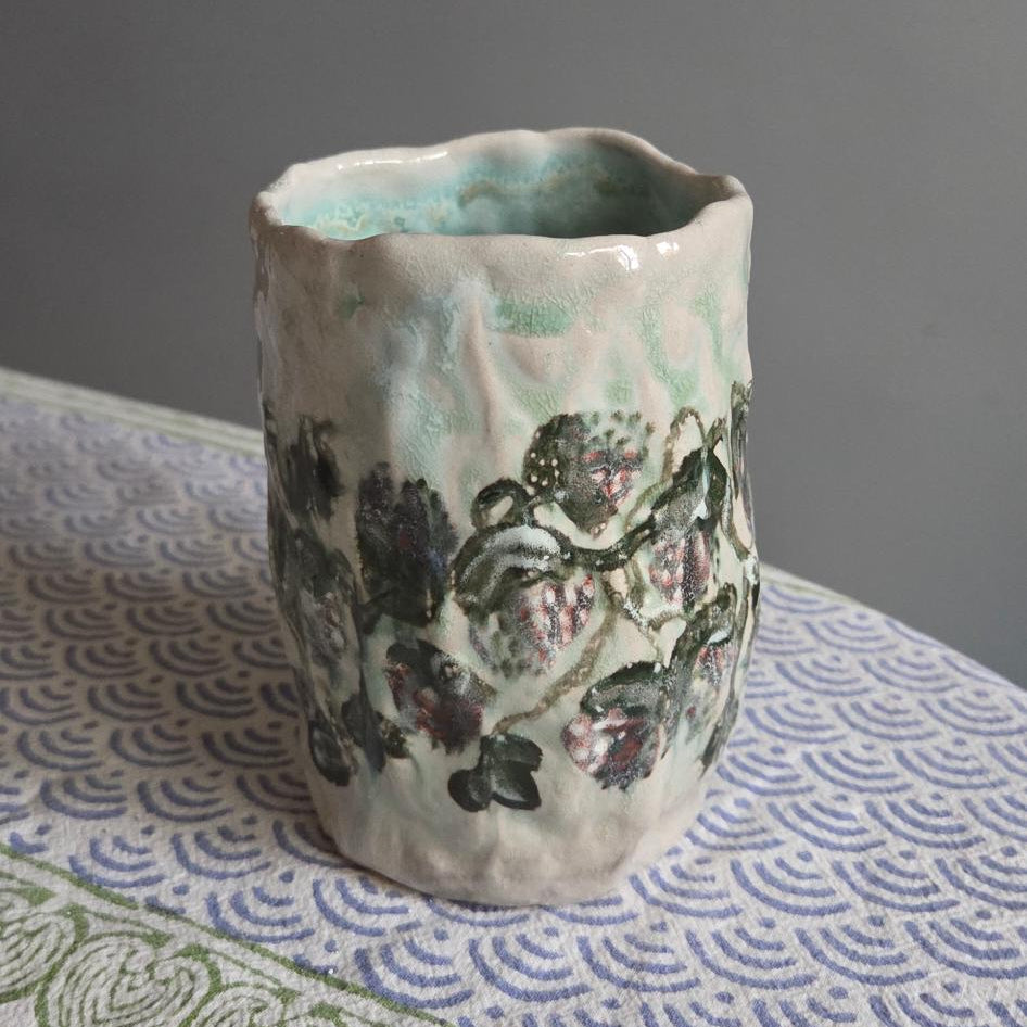Coil-built Soda-Fired Mug - Strawberry Season v