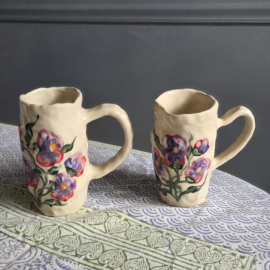 Coil-built Mugs - Set of 2- Pansy Season
