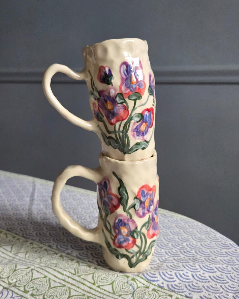 Coil-built Mugs - Set of 2- Pansy Season