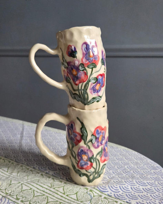 Coil-built Mugs - Set of 2- Pansy Season