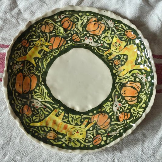 Large Handbuilt Platter - KITTY MOUSE PUMPKIN PATCH - SECONDSALE
