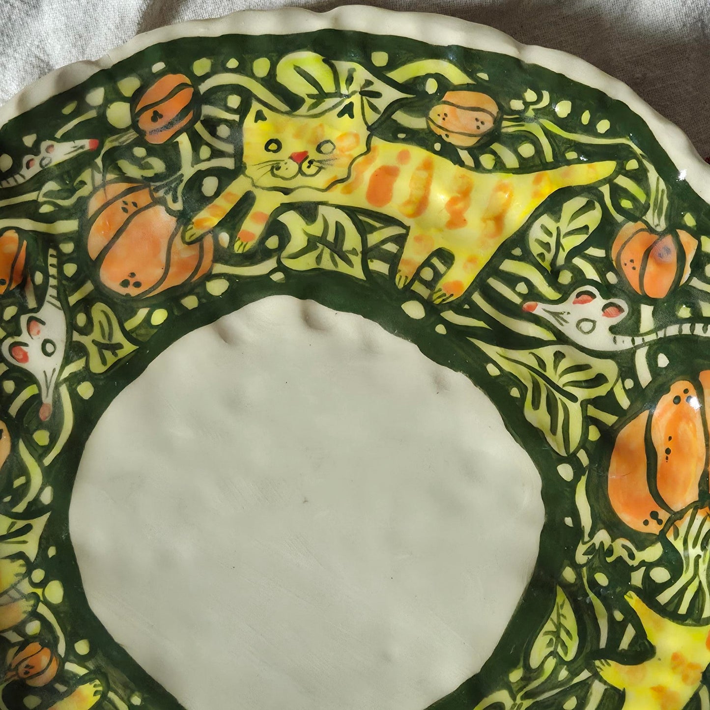 Large Handbuilt Platter - KITTY MOUSE PUMPKIN PATCH - SECONDSALE