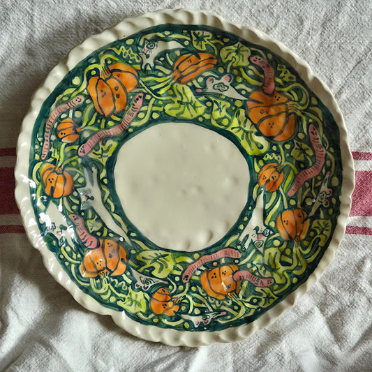 Large Handbuilt Platter - KITTY MOUSE GHOST PUMPKIN PATCH - SECONDSALE