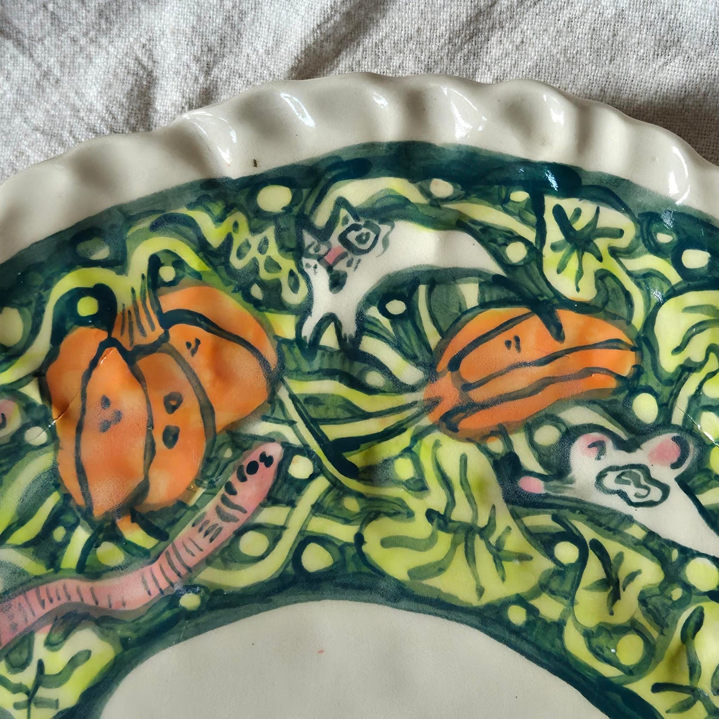 Large Handbuilt Platter - KITTY MOUSE GHOST PUMPKIN PATCH - SECONDSALE