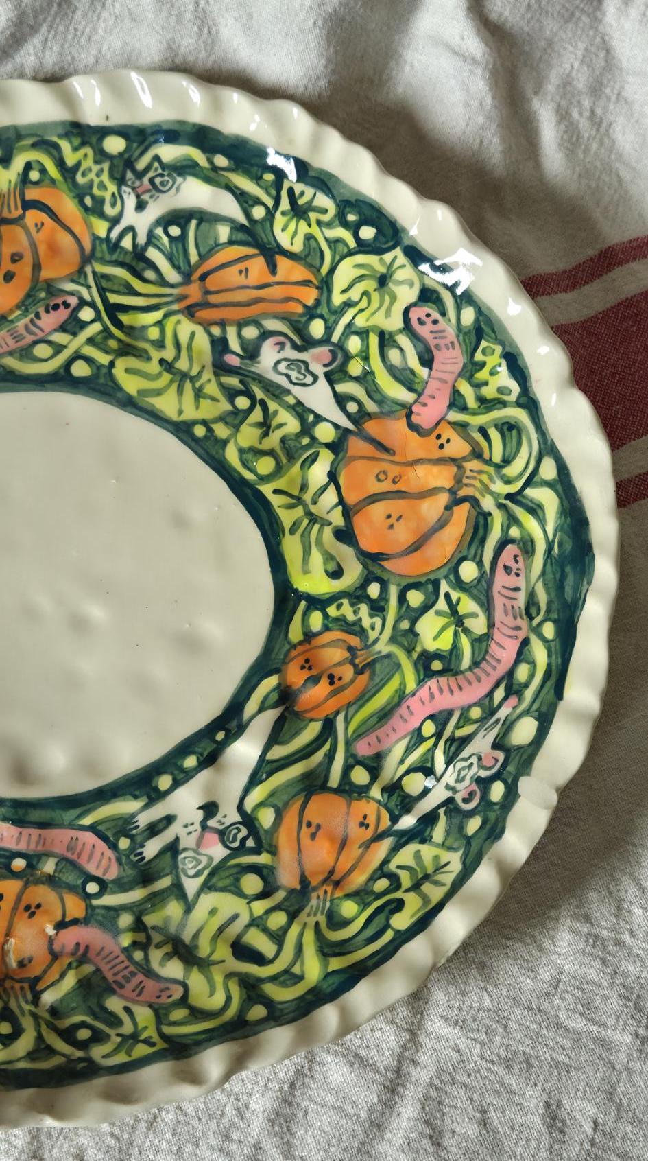 Large Handbuilt Platter - KITTY MOUSE GHOST PUMPKIN PATCH - SECONDSALE