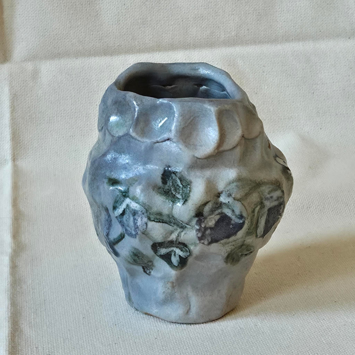 Coil-built Bud Vase - Woodfired / Soda - Blue Strawberry Season i