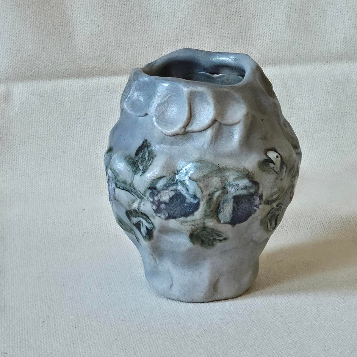 Coil-built Bud Vase - Woodfired / Soda - Blue Strawberry Season i