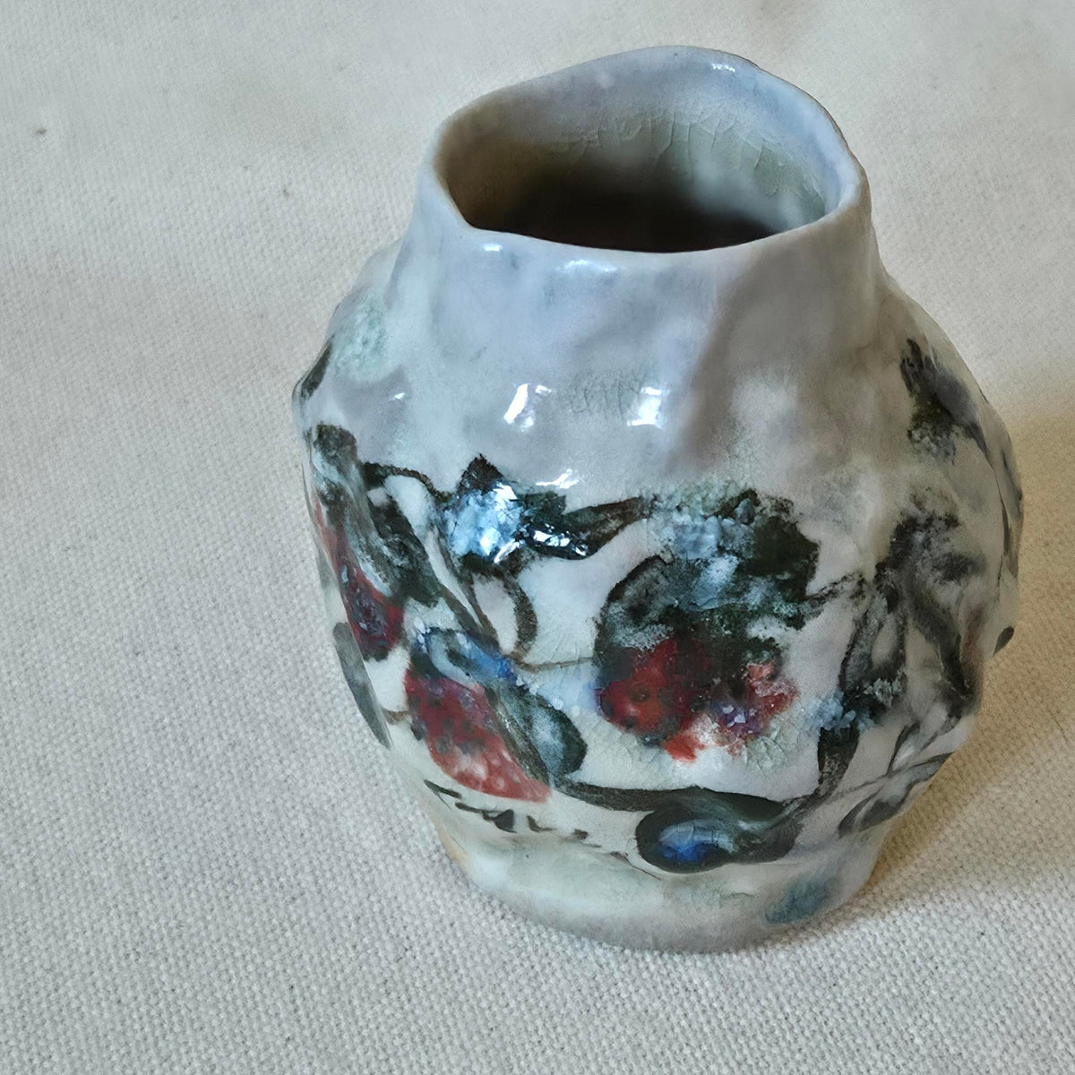 Coil-built Bud Vase - Woodfired / Soda - Strawberry Season ii