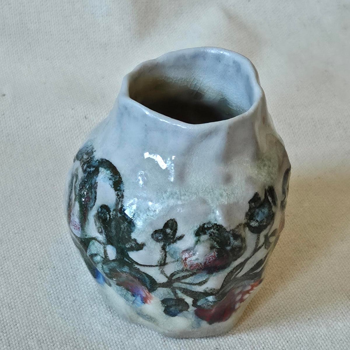 Coil-built Bud Vase - Woodfired / Soda - Strawberry Season ii