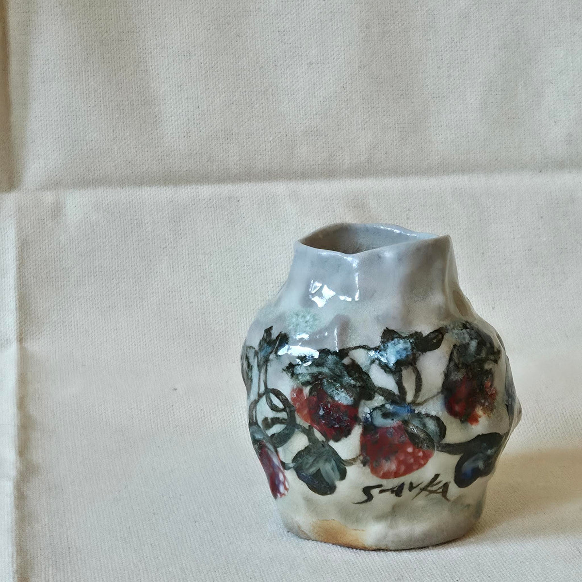 Coil-built Bud Vase - Woodfired / Soda - Strawberry Season ii