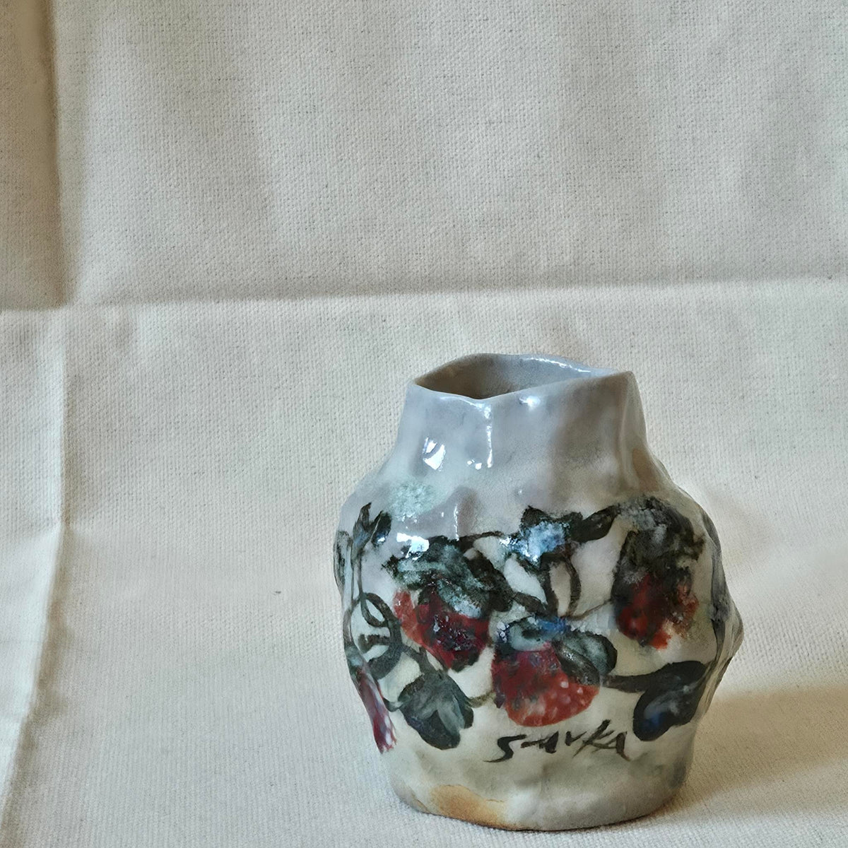 Coil-built Bud Vase - Woodfired / Soda - Strawberry Season ii