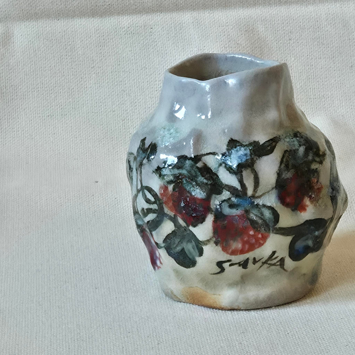 Coil-built Bud Vase - Woodfired / Soda - Strawberry Season ii